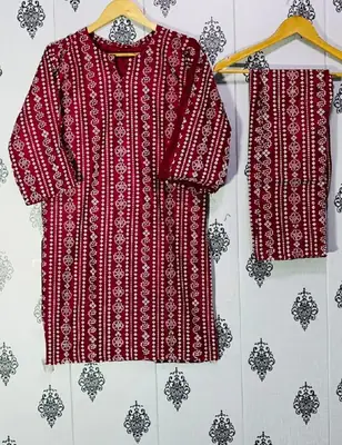 2 Pcs Women's Stitched Linen Block Printed Shirt And Trouser thumbnail 3