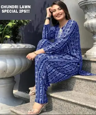 2 Pcs Women's Stitched Linen Block Printed Shirt And Trouser