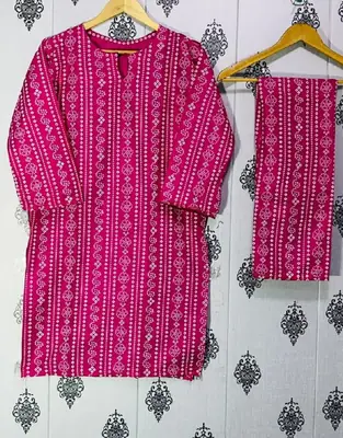 2 Pcs Women's Stitched Linen Block Printed Shirt And Trouser thumbnail 3