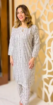 2 Pcs Women's Stitched Linen Block Printed Shirt And Trouser