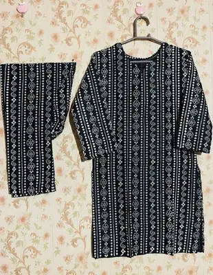 2 Pcs Women's Stitched Linen Block Printed Shirt And Trouser thumbnail 3