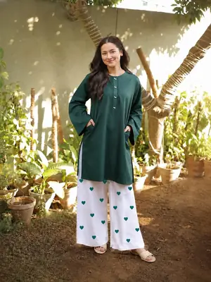 2 Pcs Women's Stitched Linen Plain Shirt And Trouser