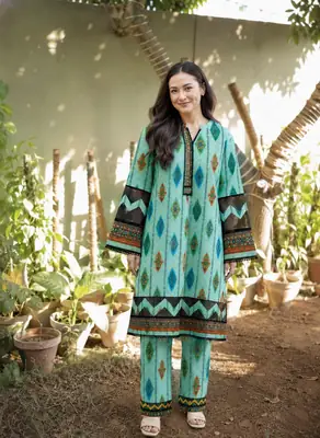 2 Pcs Women's Stitched Cotton Printed Shirt And Trouser