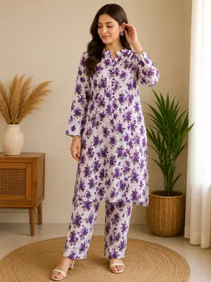 2 Pcs Women's Stitched Cotton Printed Shirt And Trouser