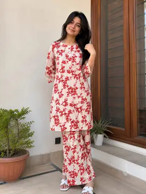 2 Pcs Women's Stitched Cotton Printed Shirt And Trouser