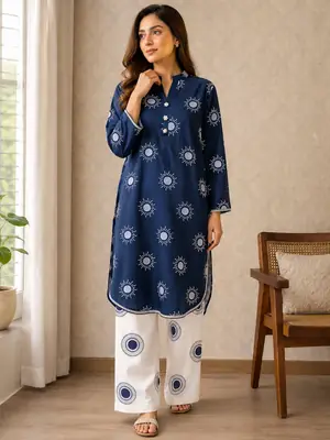 2 Pcs Women's Stitched Linen Printed Shirt And Trouser