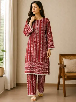 2 Pcs Women's Stitched Linen Printed Shirt And Trouser