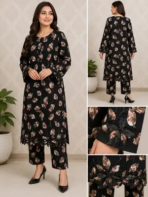 2 Pcs Women's Stitched Linen Printed Shirt And Trouser