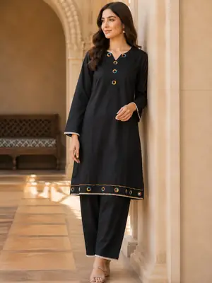 2 Pcs Women's Stitched Linen Plain Shirt And Trouser