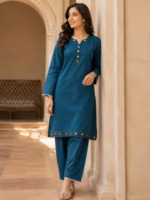 2 Pcs Women's Stitched Linen Plain Shirt And Trouser