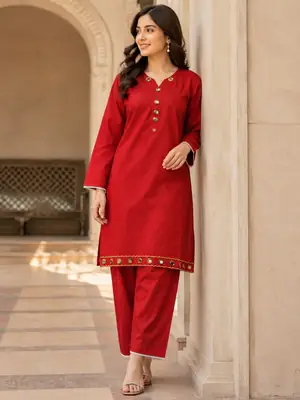 2 Pcs Women's Stitched Linen Plain Shirt And Trouser