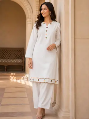 2 Pcs Women's Stitched Linen Plain Shirt And Trouser