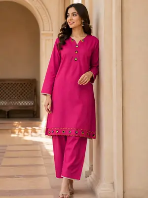 2 Pcs Women's Stitched Linen Plain Shirt And Trouser