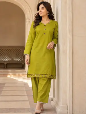 2 Pcs Women's Stitched Linen Plain Shirt And Trouser