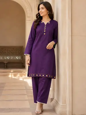 2 Pcs Women's Stitched Linen Plain Shirt And Trouser