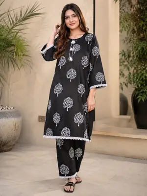 2 Pcs Women's Stitched Linen Block Printed Shirt And Trouser