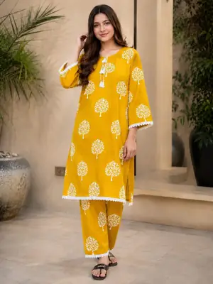 2 Pcs Women's Stitched Linen Block Printed Shirt And Trouser
