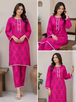 2 Pcs Women's Stitched Linen Block Printed Shirt And Trouser