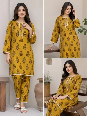 2 Pcs Women's Stitched Linen Block Printed Shirt And Trouser