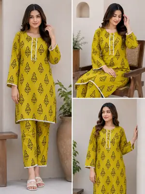 2 Pcs Women's Stitched Linen Block Printed Shirt And Trouser