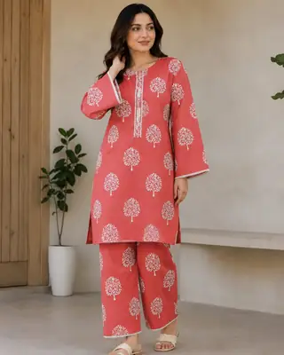 2 Pcs Women's Stitched Linen Block Printed Shirt And Trouser