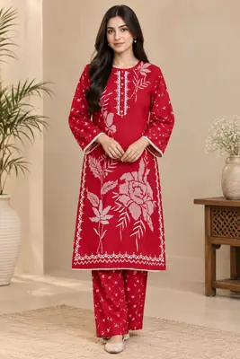 2 Pcs Women's Stitched Linen Block Printed Shirt And Trouser