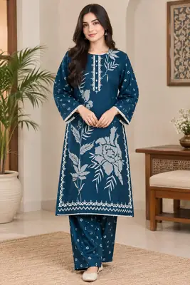 2 Pcs Women's Stitched Linen Block Printed Shirt And Trouser