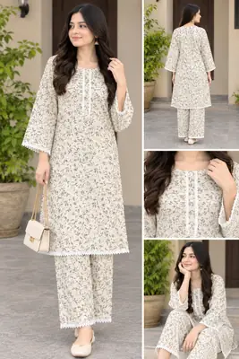 2 Pcs Women's Stitched Linen Block Printed Shirt And Trouser