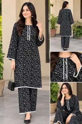 2 Pcs Women's Stitched Linen Block Printed Shirt And Trouser