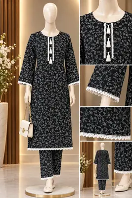 2 Pcs Women's Stitched Linen Block Printed Shirt And Trouser thumbnail 2