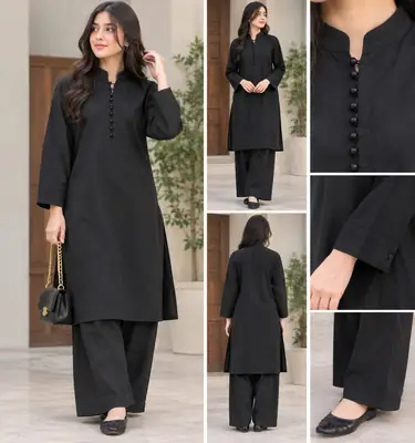 2 Pcs Women's Stitched Linen Plain Shirt And Trouser