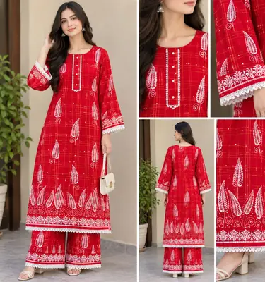 2 Pcs Women's Stitched Linen Block Printed Shirt And Trouser