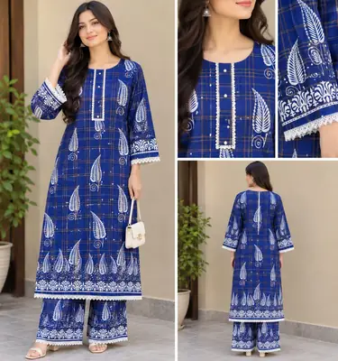 2 Pcs Women's Stitched Linen Block Printed Shirt And Trouser