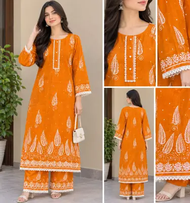 2 Pcs Women's Stitched Linen Block Printed Shirt And Trouser