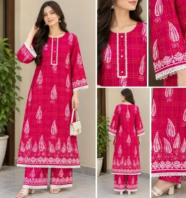 2 Pcs Women's Stitched Linen Block Printed Shirt And Trouser