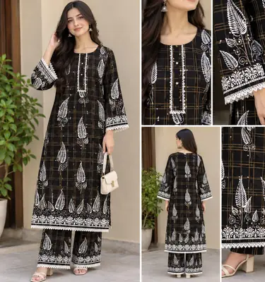 2 Pcs Women's Stitched Linen Block Printed Shirt And Trouser