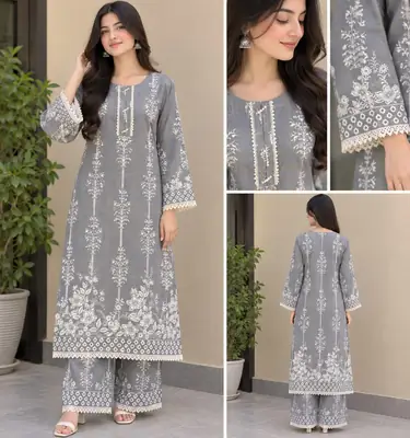2 Pcs Women's Stitched Linen Block Printed Shirt And Trouser