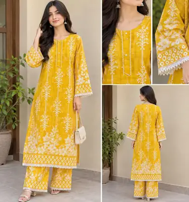 2 Pcs Women's Stitched Linen Block Printed Shirt And Trouser
