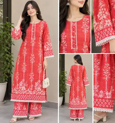 2 Pcs Women's Stitched Linen Block Printed Shirt And Trouser