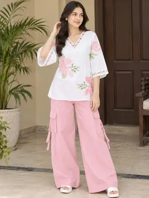 2 Pcs Women's Stitched Grip Printed Shirt And Trouser