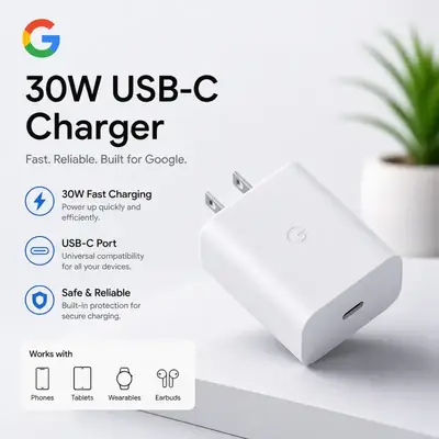 Google 30W USB-C Fast Charger with Type-C Cable | PD Fast Charging Wall Adapter | Universal USB-C Charging Adapter for Google Devices