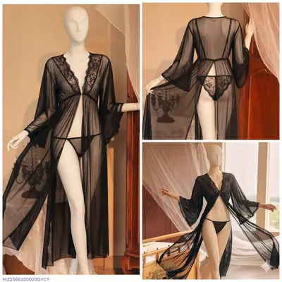 2 Pcs Women's Stitched Net Lace-Work Night Suit / Long Imported Nighty with Panty