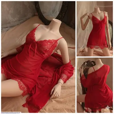 3 Pcs Women's Stitched Soft Net Lace-Work Night Suit / Bridal Nighty (Gown Inner Panty)