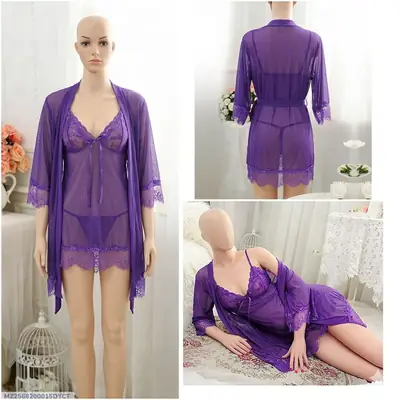 3 Pcs Women's Stitched Soft Net Lace-Work Night Suit / Bridal Nighty (Gown Inner Panty)