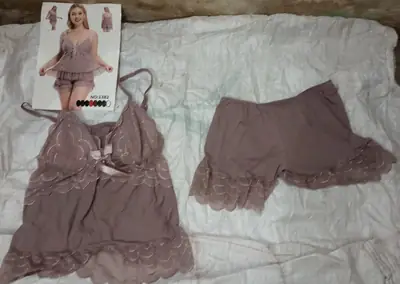 2 Pcs Women's Stitched Silk Lace-Work Night Suit / Imported Short Nighty (Top & Short) thumbnail 3