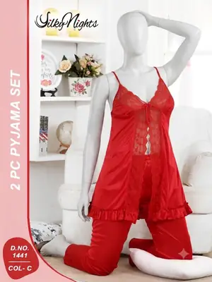Luxury Imported Nighty / 2 Pcs Women's Stitched Silk Lace-Work Night Suit