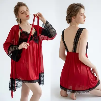3 Pcs Cotton Lace Night Suit / Nighty (Gown Inner Panty)
