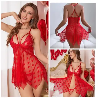 Net Lace Comfortable And Lightweight Nightwear Set / Imported Short Nighty With Panty thumbnail 2