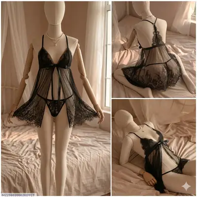 Net Lace Comfortable And Lightweight Nightwear Set / Imported Short Nighty & Panty