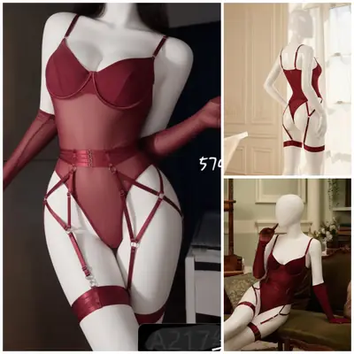 Net Plain Comfortable And Lightweight Lingerie Set with Golves & Garter Belt / BodySuit For Sleepwear